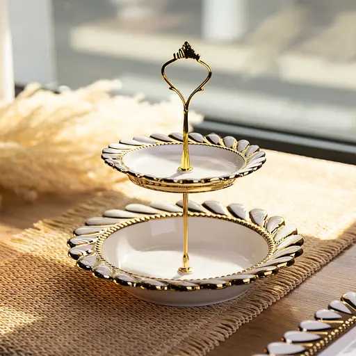 Фруктовница двухъярусная для сервировки фруктов и сладостей Yiwu Tiffany 23х23х24 см фарфоровая стойка для закусок белая ML2087 - фото 2