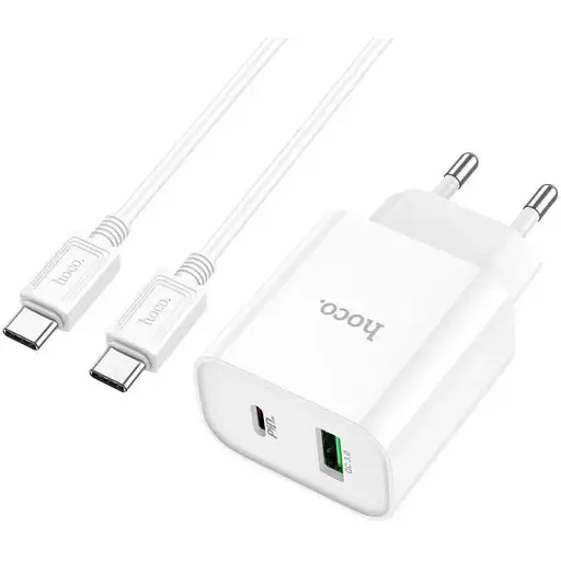 Мережевий зарядний пристрій з кабелем Hoco C80A Plus Rapido PD20W+QC3. 0 charger set(Type-C to Type-C) білий - фото 1
