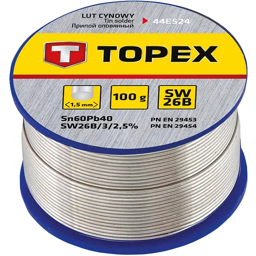 Припій олов'яний Topex Sn60Pb40 флюс SW26B дріт 1.5 мм 100 г (44E524)