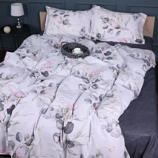 Простыня MirSon Поплин 00-7 Pink Flowers 220x240 см серая (2200009706806) - фото 2