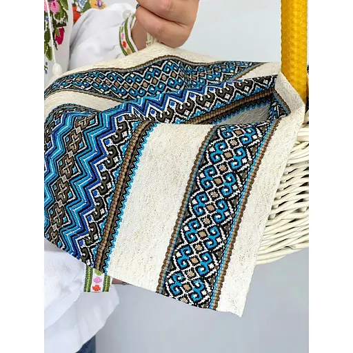 Комплект Великодній кошик Буковина (маленький) з лляним рушником 45х30 см Рандеву (синій) та свічкой - фото 3