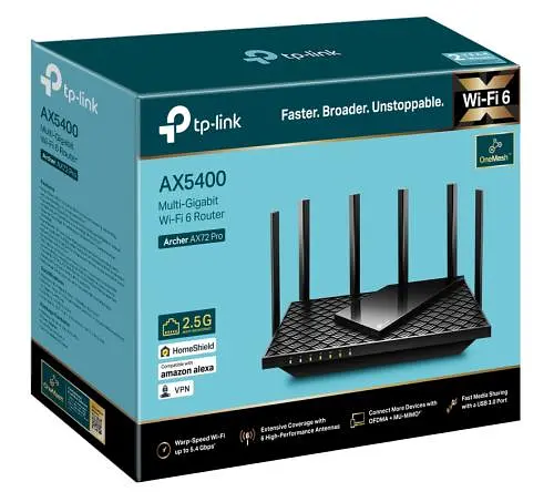 Роутер TP-Link Archer AX72 Pro, Black, WiFi 6 (2,4 ГГц до 574 Мбит/с / 5 ГГц до 4804 Мбит/с), 1x2,5GWAN / 1xGWAN / 4xGLAN, USB 3.0, 6 несъемных антенн - фото 2