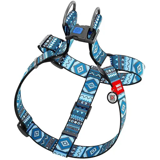 Шлея для собак Waudog Nylon з QR паспортом, малюнок "Етно синій", пластиковий фастекс, XL - фото 2