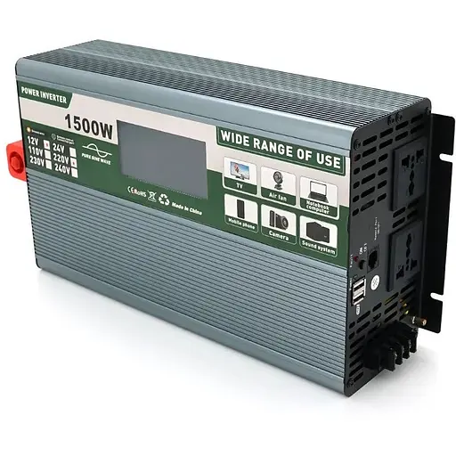 Інвертор напруги Demuda DMDPSW-1500W, 12V/220V, 1500W з правильною синусоїдою, 2 універсальні розетки, 2 USB, Rj 45, клемні дроти, Q6