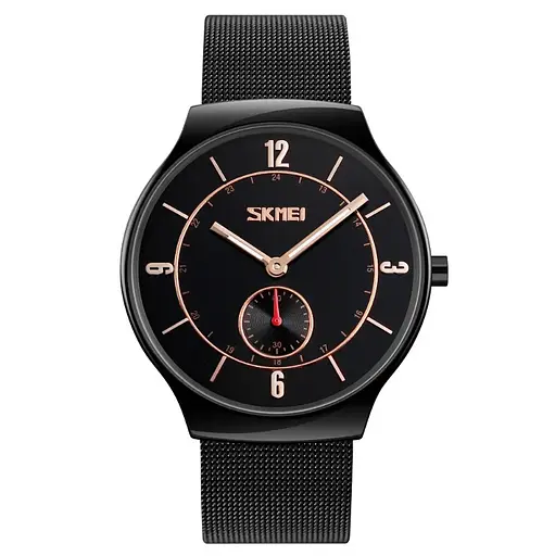 Мужские наручные классические часы Skmei 9163 design черные с золотыми стрелками - фото 2