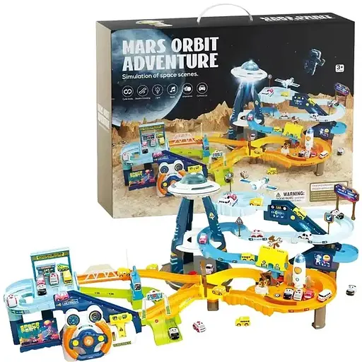 Трек T 918 A “Космічна станція”, електричні підіймачі, світло, звуки, пісні англійською, 6 машинок, від батарейок, 2в1, в коробці (6967132400075) - фото 3