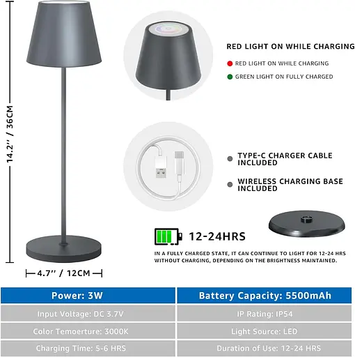 GGNOO Бездротова настільна лампа Металева світлодіодна настільна лампа з акумулятором - фото 5