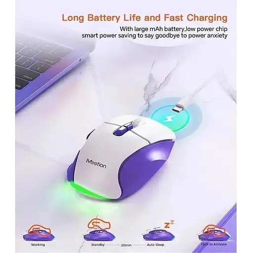 Комп'ютерна миша BTM001 RGB підсвічування 2400 DPI 7 кнопок USB 2.4G бездротова ігрова White-purple - фото 8