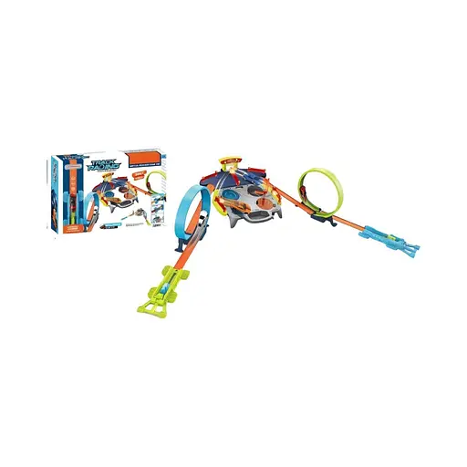 Автотрек JJ 167 з підсвічуванням та звуковими ефектами, 2 металопластикові машинки, запускачі