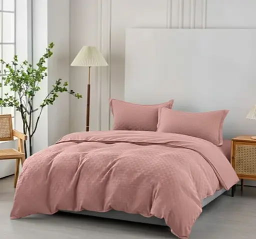 Комбинированное муслиновое постельное белье Primavara в цвете Пудро-розовый Евро с простыней на резинке - фото 1