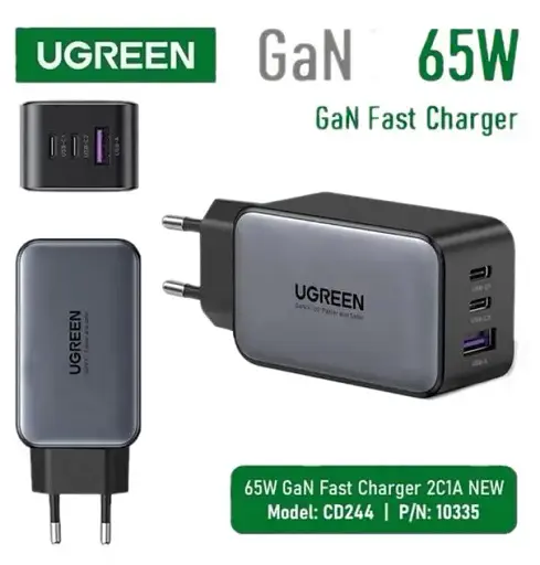 Зарядное устройство для Ugreen CD244 USB-A + 2 x USB-C 65 Вт GaN Tech Fast Charger серый - фото 3
