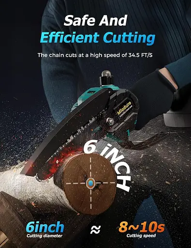 Мини-бензопила аккумуляторная 6 дюймов, 8000 мАч мощная электрическая пила, легкая мини-бензопила с 2 цепями, 2 аккумуляторами - фото 3