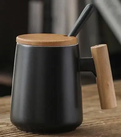 Кухоль керамічний OldBro з дерев'яною ручкою кришкою та ложкою 480 мл black - фото 2