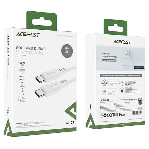 Кабель Acefast C3-03 Type-C to Type-C 3A 60W 1.2 м TPE TPE connectors білий - фото 2