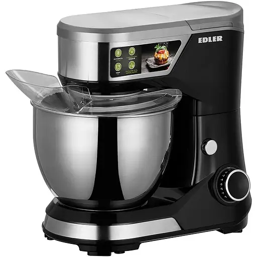 Планетарный миксер Edler EDFP-7702, Black|Inox, 600W, 8 режима скорости, чаша 5л с нерж. стали, крюк для теста, сбиватель, венчик, брызгозащитная накладка чаши