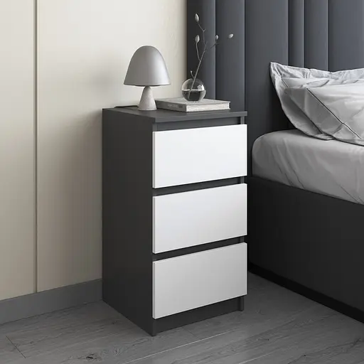 Тумба приліжкова Vays, в спальню, сучасна, 3 шухляди, без ручок R-30 Антрацит-Білий фасад