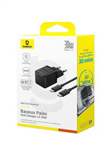 Сетевой адаптер Baseus Palm Fast Charger 1C 30 W + Cable Type-C to Type-C P10111605113-01 Черный - фото 4