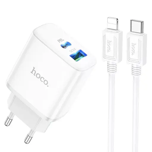 Сетевой адаптер питания Hoco C105A 20W Type-C и USB с быстрой зарядкой и кабелем Type-C to Type-C белый - фото 2