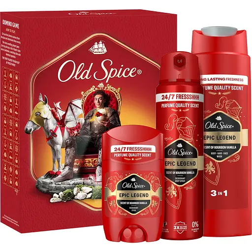 Подарунковий набір Old Spice Knight Epic Legend: аерозольний дезодорант 150 мл + дезодорант-стік 50 мл + гель для душу 3-в-1, 250 мл + гра Доміно