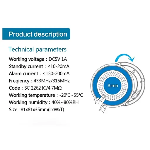 Бездротова сирена автономна для бездротових датчиків 433 мГц Digoo DG-ROSA, з акумулятором (100214) - фото 6