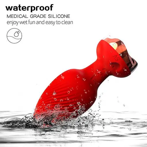 Анальная вибро-пробка Rose Butt на пульте с золотой розой 10 режимов 5 мм 90 мм красный - фото 4