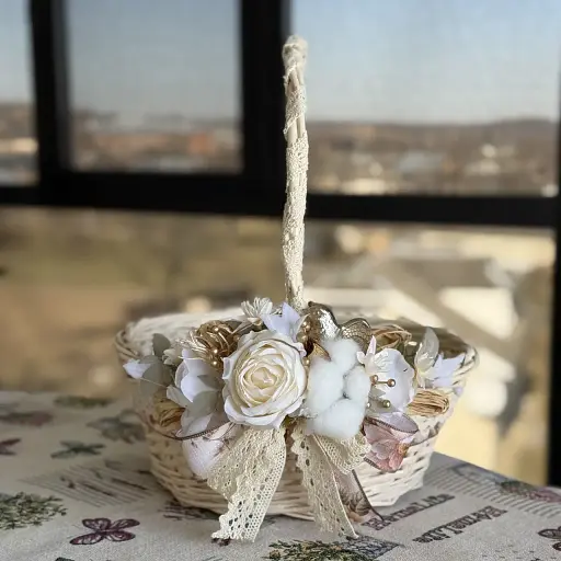 Пасхальная корзина 31×31×39 см hand-made MIS LT бежевая с кремовым декором круглая большая - фото 1