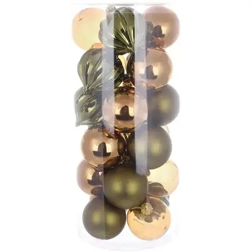 Набір ялинкових куль Мокко і хакі діаметром 6 см 24 шт рельєфний перламутр матові і глітер - фото 1