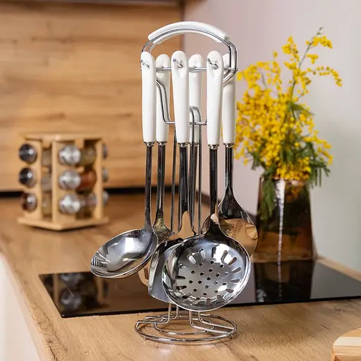 Набір кухонного приладдя на підставці керамічна ручка 7 предметів Білий із сріблястим - фото 3