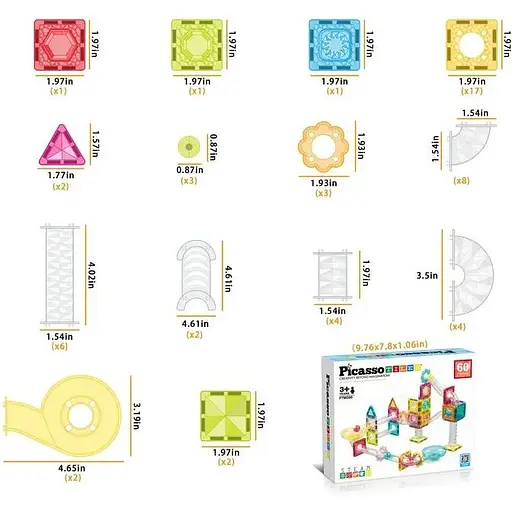 Конструктор Picasso магнитный Tiles Mini Diamond Marble Run Track Set 60 деталей (817338028299) - фото 3