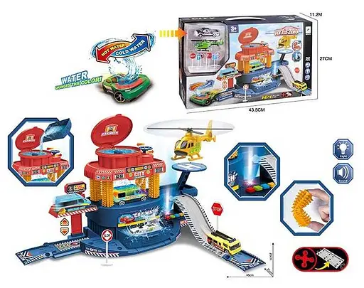 Автомийка 660 a-319, звуки, світло, машинка змінює колір від тепла, механічний підйомник, вертоліт, в коробці (6983283063457) - фото 1