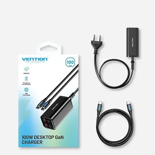 Мережевий зарядний пристрій з кабелем Vention 4-Port USB (C + C + A + A) GaN Charger (100W/100W/18W/18W) EU-Plug чорний - фото 2