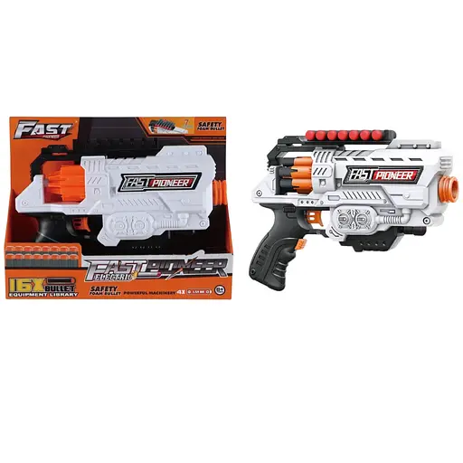 Игрушечный детский пистолет автомат. барабанного типа на батарейках из мягк. патронами (16 шт.)(27,5 х 20см) - фото 1