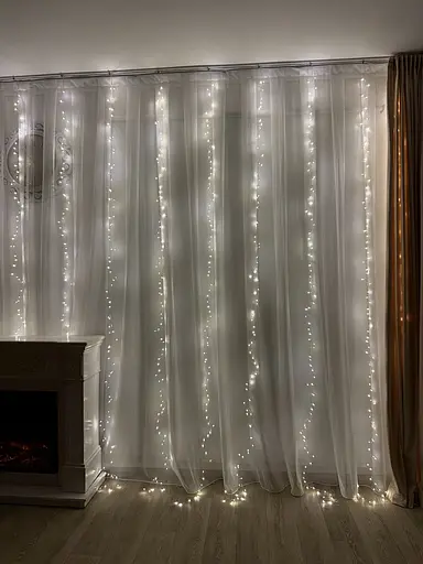 Світлодіодна гірлянда водоспад-штора Роса мішура дощ 3x3 м 900 LED тепле біле світло білий провід з пультом 8 режимів - фото 4