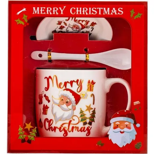 Чашка новогодняя Elisey 9150-005 Merry Christmas керамическая с ложкой и блюдцем 350 мл Белая - фото 1