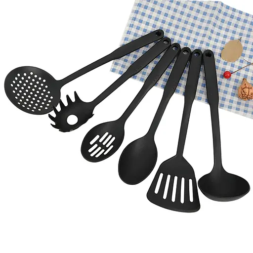 Набір кухонних речей пластиковий з 6 предметів (вінчик, ополоник, лопатка, щипці), Kitchen Master Чорний 86565 - фото 2