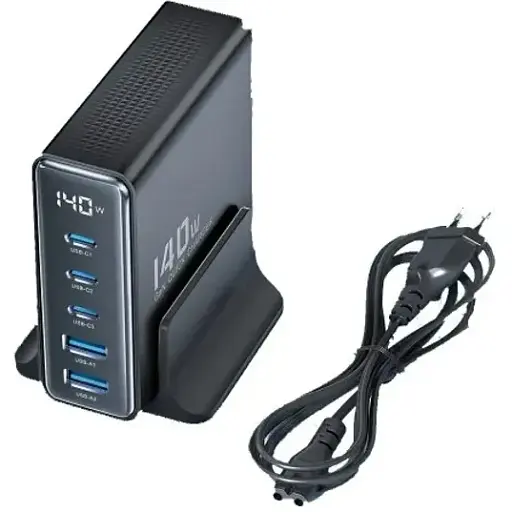 Зарядний адаптер блок живлення Toocki 140W QC4.0 3xType-C+2xUSB євровилка чорний - фото 1