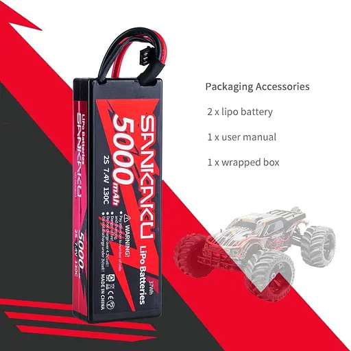Акумулятор SANKAKU 130C 5000 мАг Lipo 2S 7,4 В, жорсткий, з роз'ємом Deans T для радіокерованих баггі, автомобілів, вантажівок - фото 3
