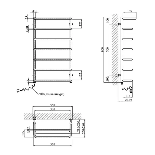 Рушникосушарка електрична Kroner Скоба ДСп06EL 900x500/7 EL з полицею CV019199, Хром, Ліве - фото 2