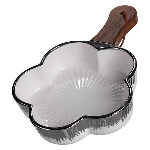 Тарелка фарфоровая глубокая с ручкой Цветок 24×16×4 (см) сервировочное блюдо с ручкой для подачи тарелка сковорода Серебро Yiwu ZJH-13-3