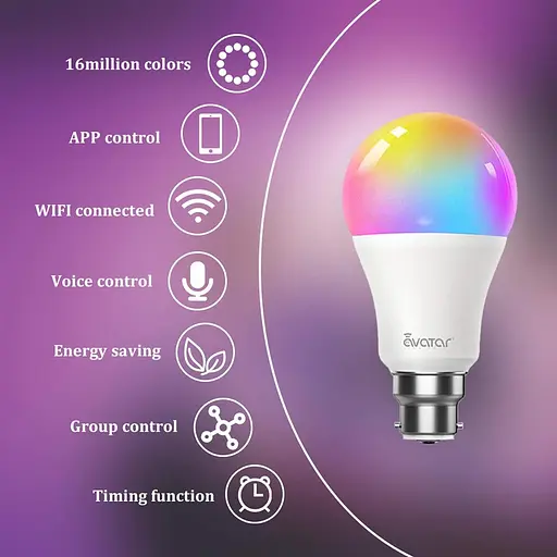 Умная лампа Лампы Alexa Штык B22 Штык, Изменение цвета WiFi Светодиодные лампы 9 Вт Набор из 2 ламп [Энергетический класс F] - фото 3