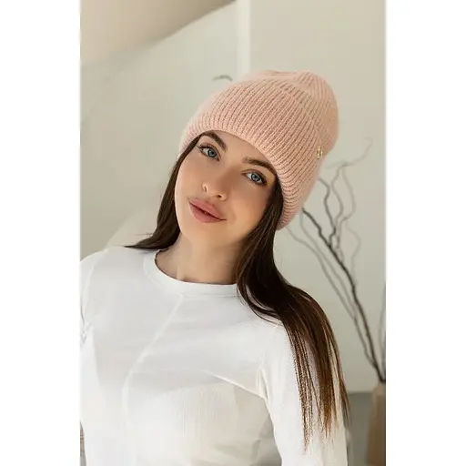 Теплая женская шапка Ангора Сердечко с флисовой подкладкой Пудровый - фото 1