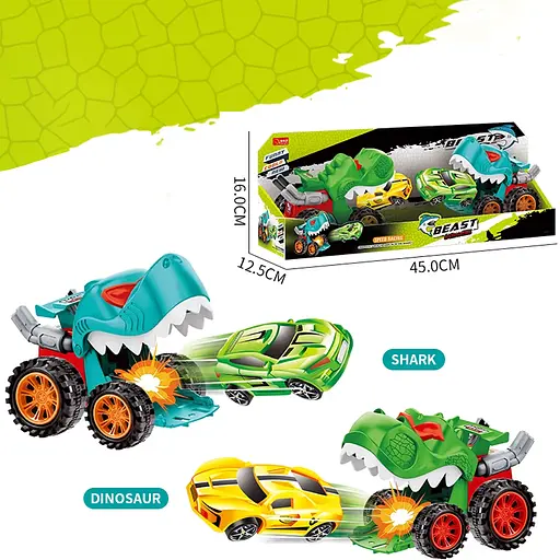 Набор машинок, 4 шт., машинка-динозавр, трек на запуске 2 шт., 18 см, машинка 7 см, 2 шт., 45x16x12.5 см, 979