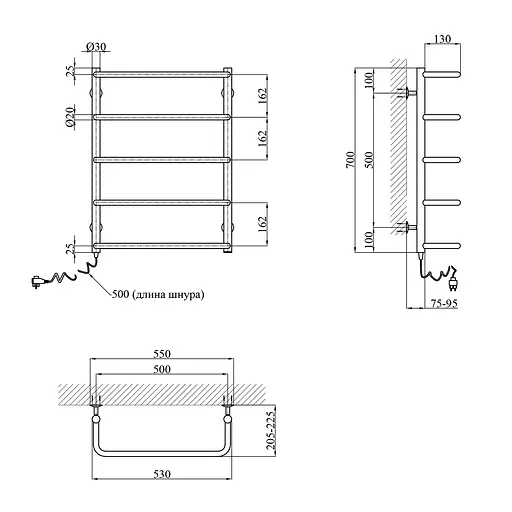 Рушникосушарка електрична Kroner Скоба ДС09EL 700x500/5 ЕL CV023835, Хром, Ліве - фото 2