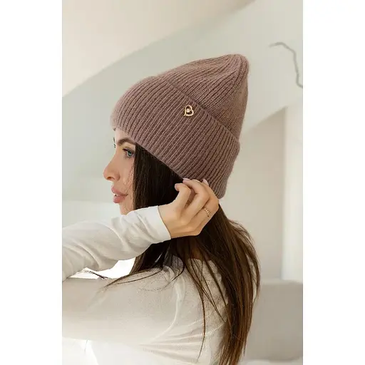 Теплая женская шапка Ангора Сердечко с флисовой подкладкой Светло Коричневый - фото 1