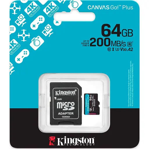 Карта пам'яті Kingston microSD 64GB C10 UHS-I U3 A2 V30 R200MB/s + SD - фото 3