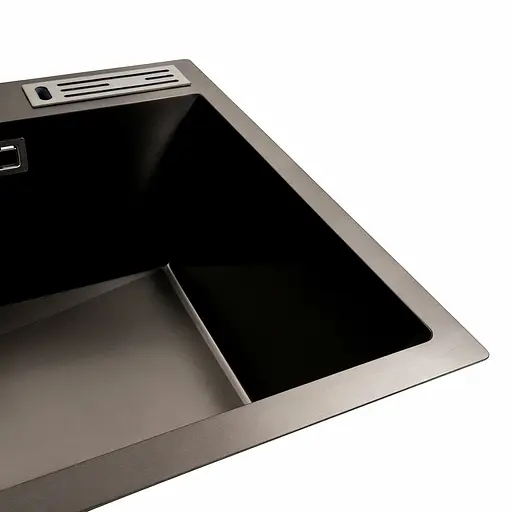 Кухонная мойка 75x46 PVD черная с подставкой для ножей Platinum Handmade HSB (квадратный сифон 3,0/1), Черный - фото 3