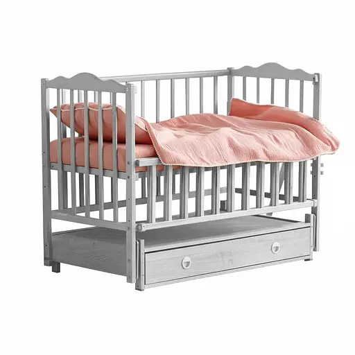 Детская кроватка Ангелина с откидной боковиной, шарнир-подшипник, с выдвижным ящиком бук серый