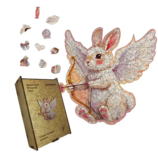 Деревяний фігурний пазл Соромязливий Купідон, А5, Картонна коробка 35 елементів