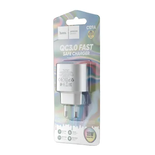 Мережевий зарядний пристрій Hoco C109A Fighter single port QC3.0 charger ( EU ) Білий - фото 2