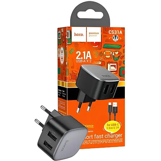 Сетевое зарядное устройство Hoco CS31A 2 х USB + кабель Type-C